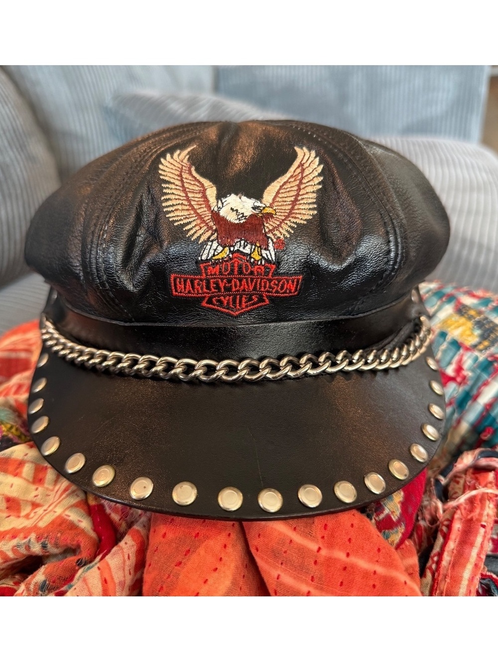 Vintage Harley-Davidson Genuine Leather Biker Cap with Eagle Emblem